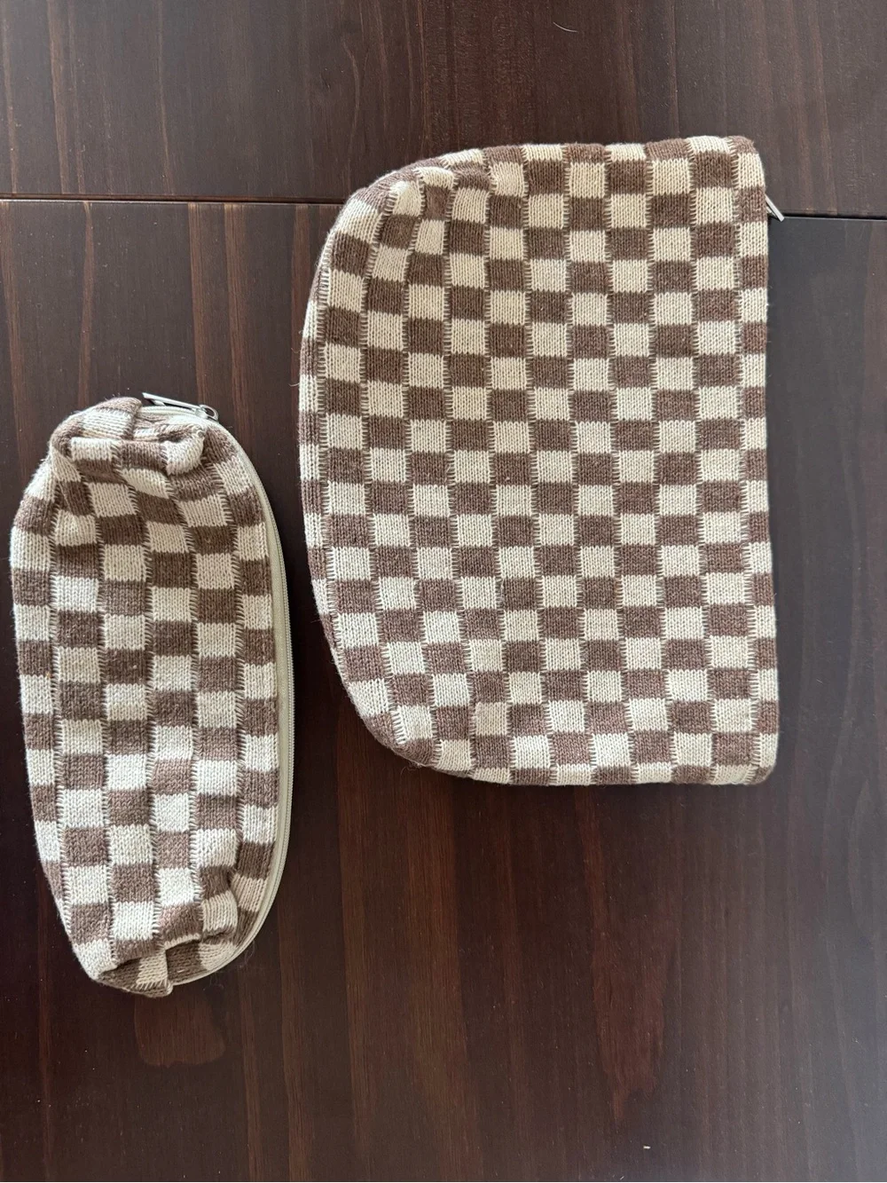 Checkerboard Knit Zip Pouches - Brown & Cream Set
